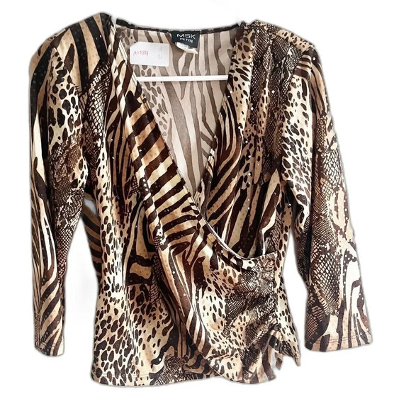 Vintage Y2K MSK Petite Women’s M Tiger Blouse V-Neck 3/4 Sleeve Animal Print - Picture 1 of 13